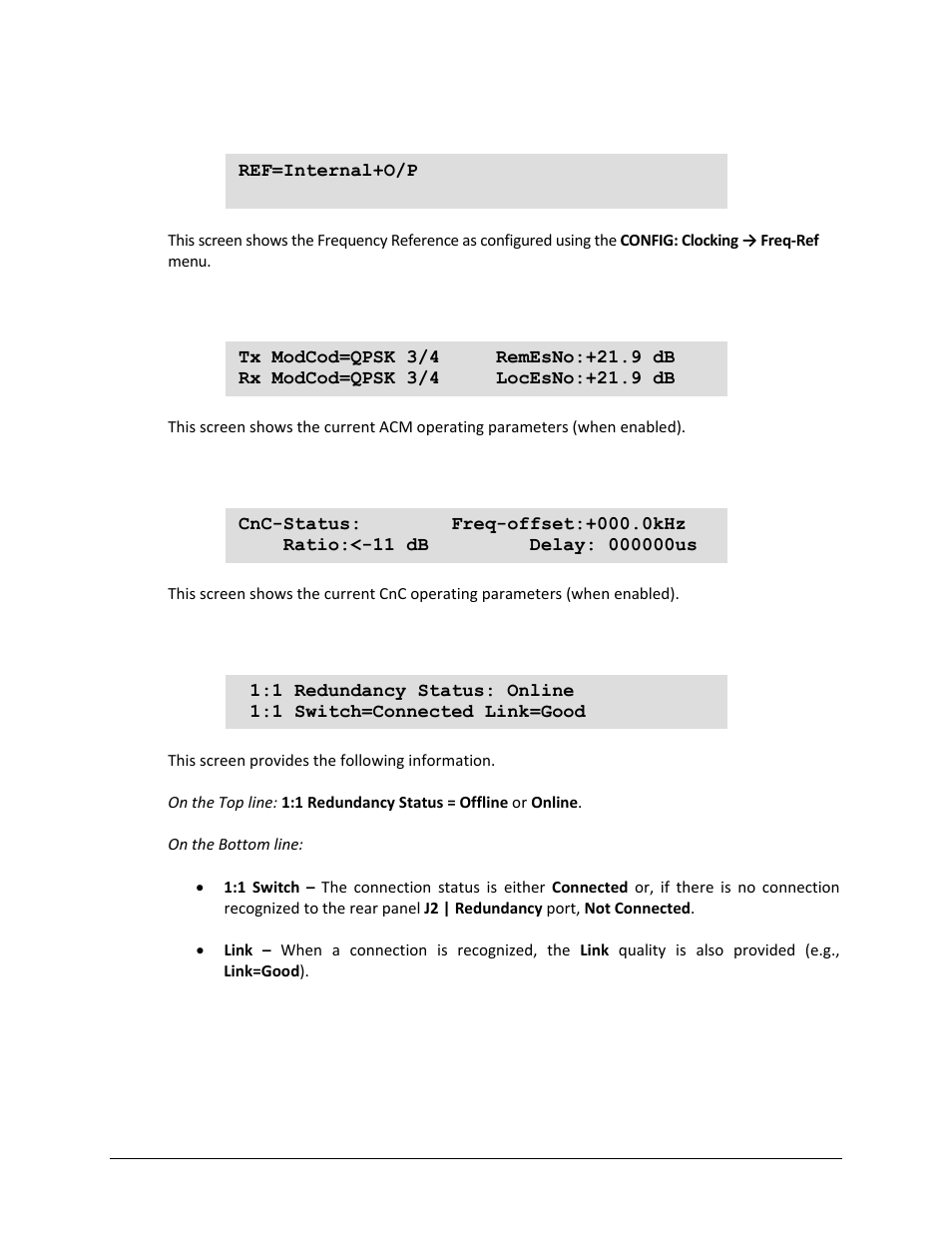 5 info: clocks, 6 info: acm, 7 info: cnc | 8 info: misc | Comtech EF Data CDM-750 User Manual | Page 132 / 302