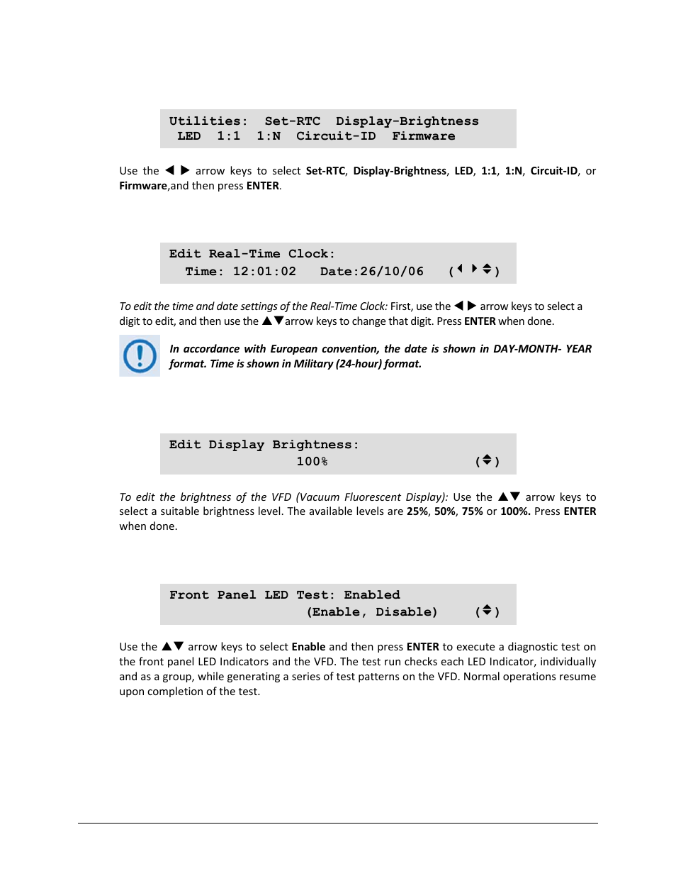 7 select: utility, 1 utility: set-rtc, 2 utility: display-brightness | 3 utility: led | Comtech EF Data CDM-750 User Manual | Page 135 / 302