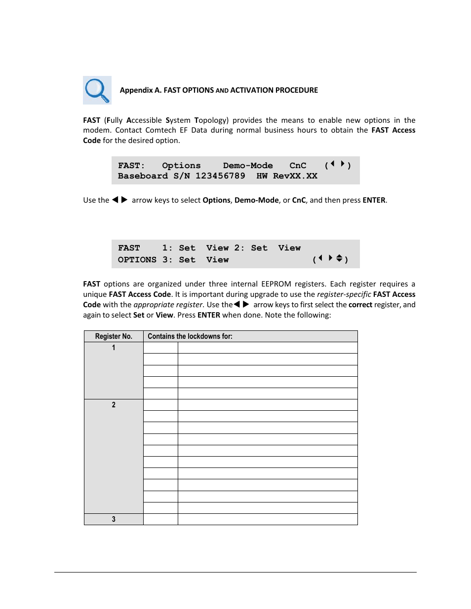 9 select: fast, 1 fast: options | Comtech EF Data CDM-750 User Manual | Page 140 / 302