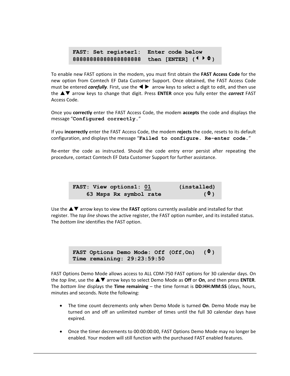 1 (fast) fast options: set, 2 (fast) fast options: view, 2 fast: demo-mode | Comtech EF Data CDM-750 User Manual | Page 141 / 302