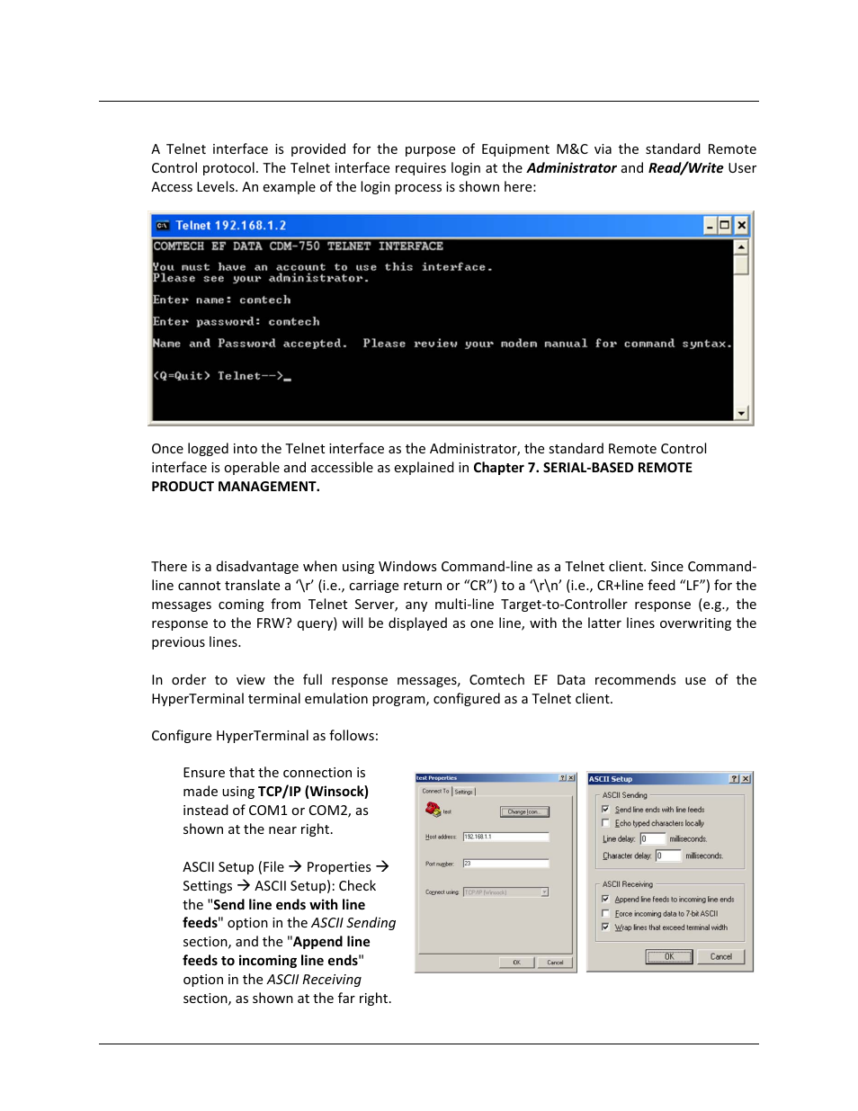 4 telnet interface, 1 telnet operation via hyperterminal | Comtech EF Data CDM-750 User Manual | Page 149 / 302