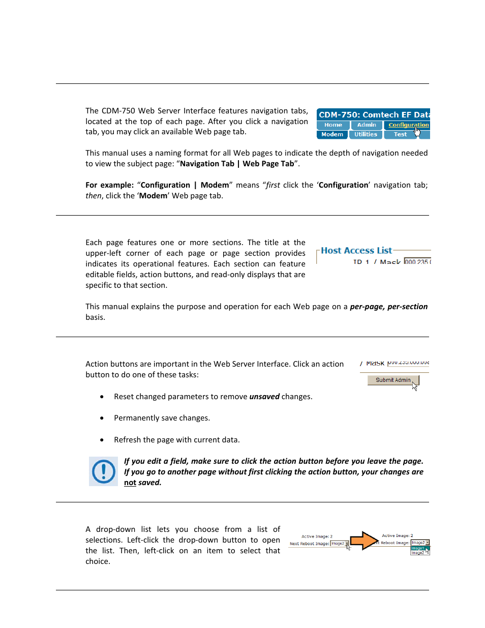 2 web server interface – operational features, 1 navigation, 3 action buttons | 4 drop-down lists | Comtech EF Data CDM-750 User Manual | Page 152 / 302