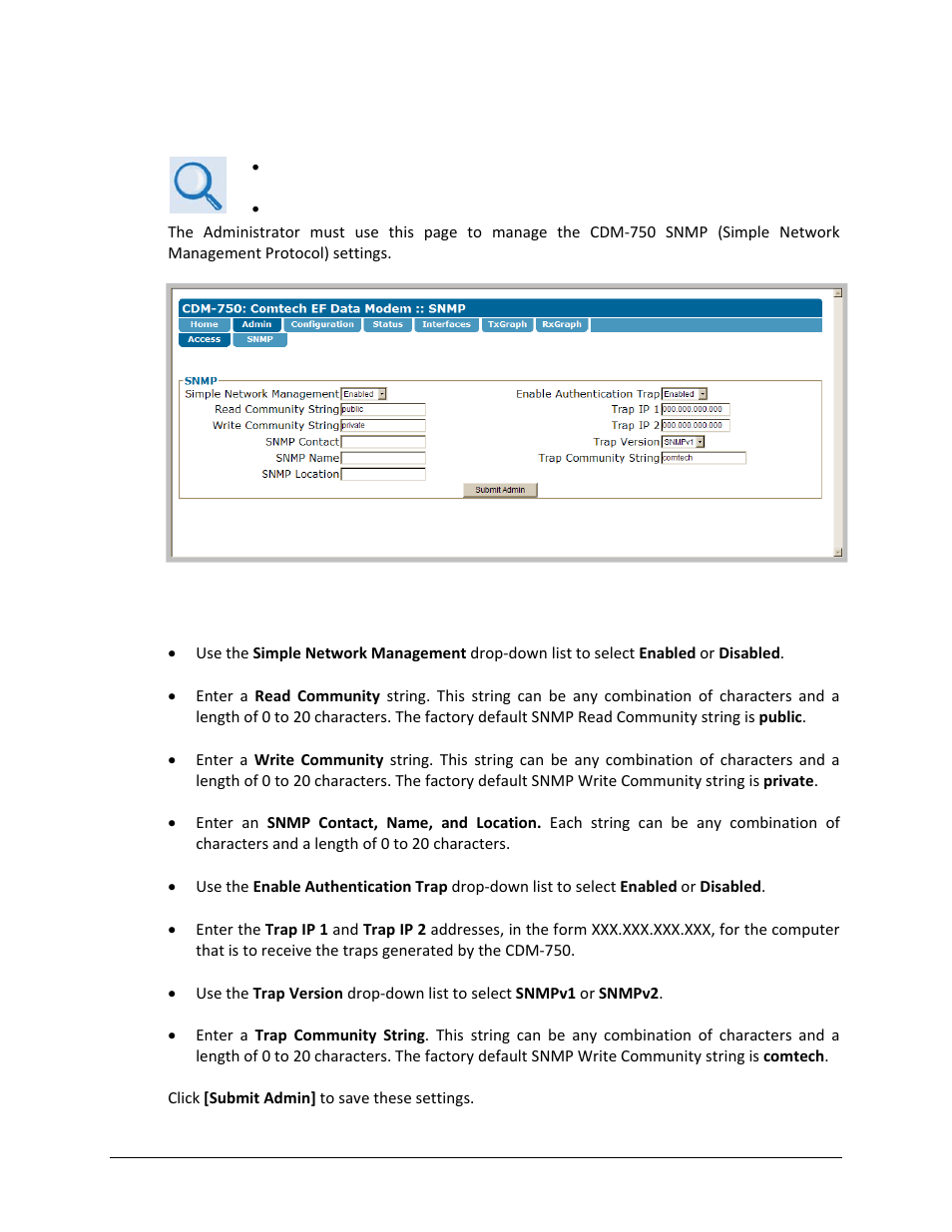 2 admin | snmp | Comtech EF Data CDM-750 User Manual | Page 158 / 302