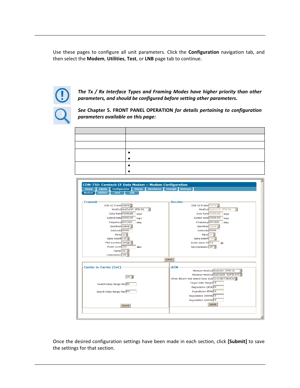 1 configuration | modem, 3 configuration pages | Comtech EF Data CDM-750 User Manual | Page 159 / 302