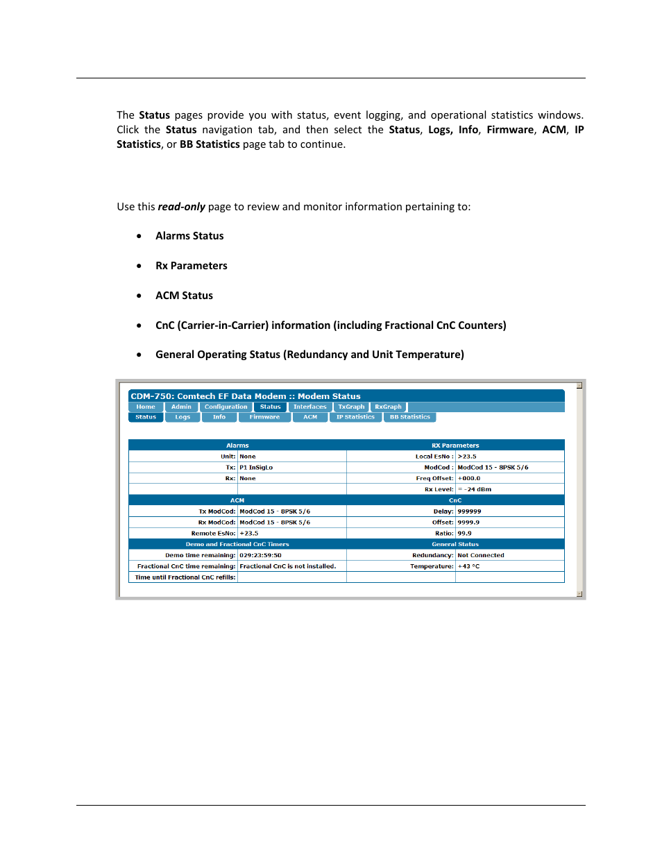 1 status | status | Comtech EF Data CDM-750 User Manual | Page 163 / 302