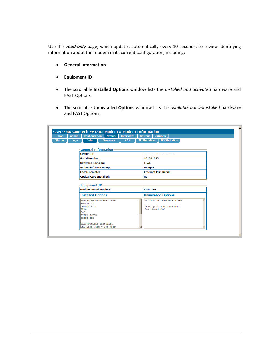3 status | info | Comtech EF Data CDM-750 User Manual | Page 165 / 302