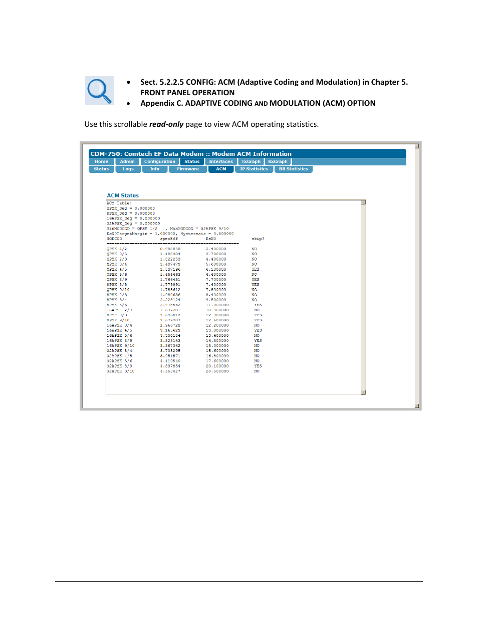 5 status | acm | Comtech EF Data CDM-750 User Manual | Page 167 / 302