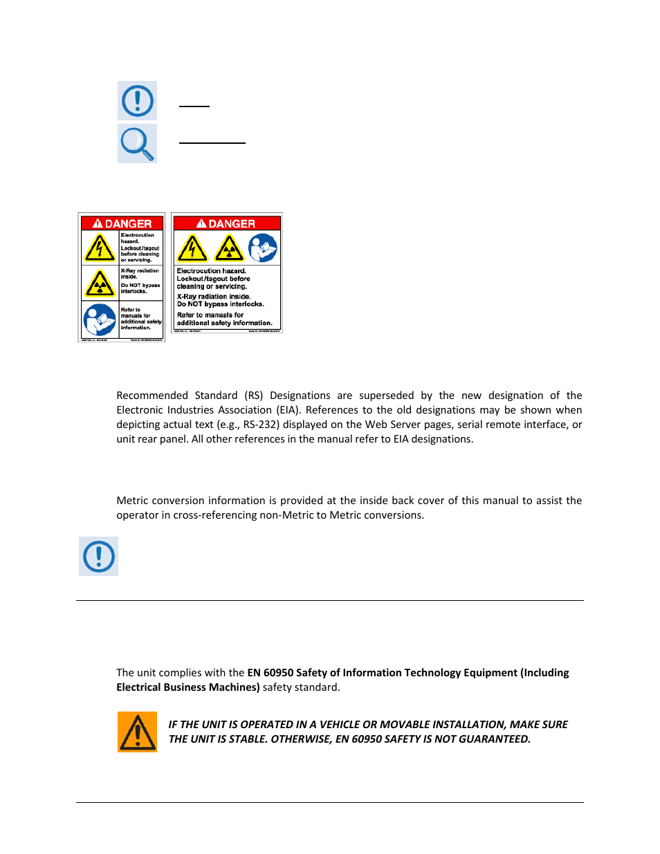 Examples of multi-hazard notices, Recommended standard designations, Metric conversion | Safety and compliance, Electrical safety and compliance | Comtech EF Data CDM-750 User Manual | Page 18 / 302