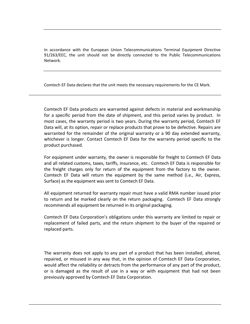 Ce mark, Warranty policy, Limitations of warranty | Comtech EF Data CDM-750 User Manual | Page 21 / 302