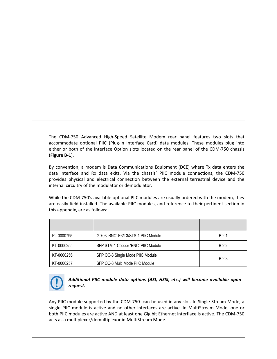 Appendix b. piic (plug-in interface card) modules, B.1 introduction | Comtech EF Data CDM-750 User Manual | Page 227 / 302