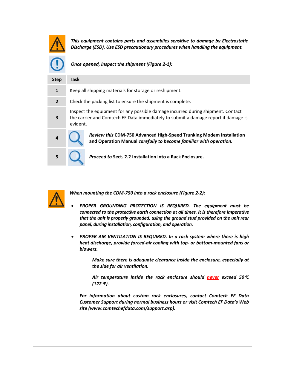 2 installing into a rack enclosure | Comtech EF Data CDM-750 User Manual | Page 42 / 302