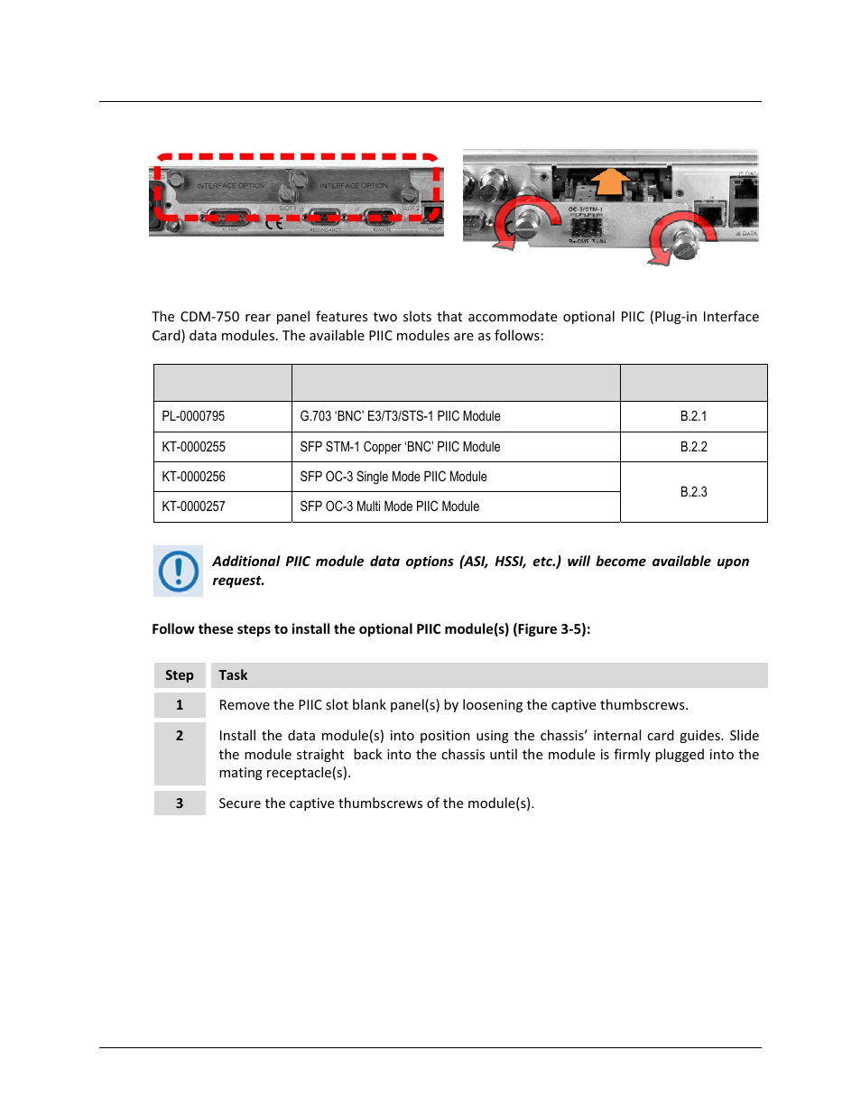 3 piic data interface slots | Comtech EF Data CDM-750 User Manual | Page 59 / 302