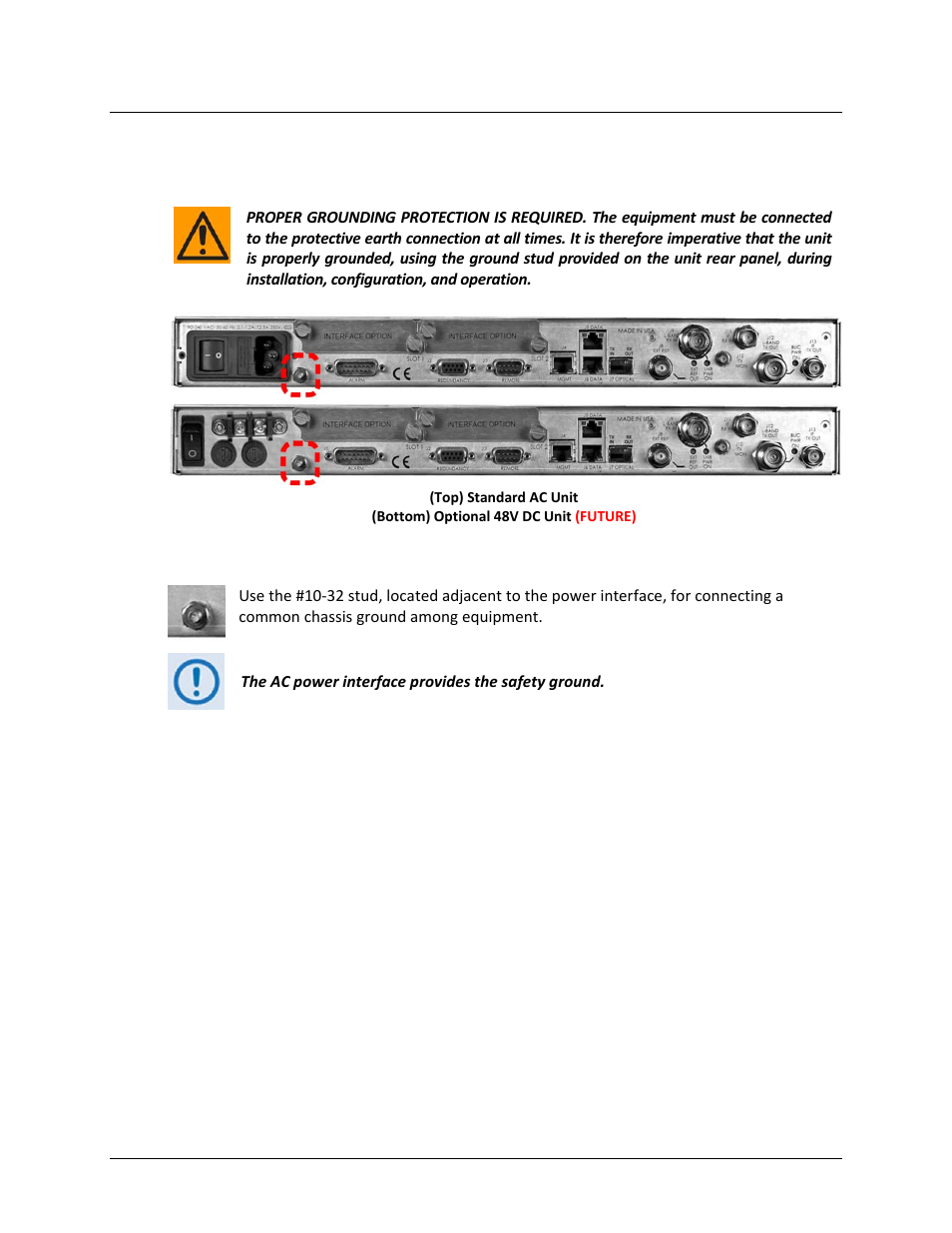 3 cdm-750 ground and power connections, 1 chassis ground interface | Comtech EF Data CDM-750 User Manual | Page 60 / 302