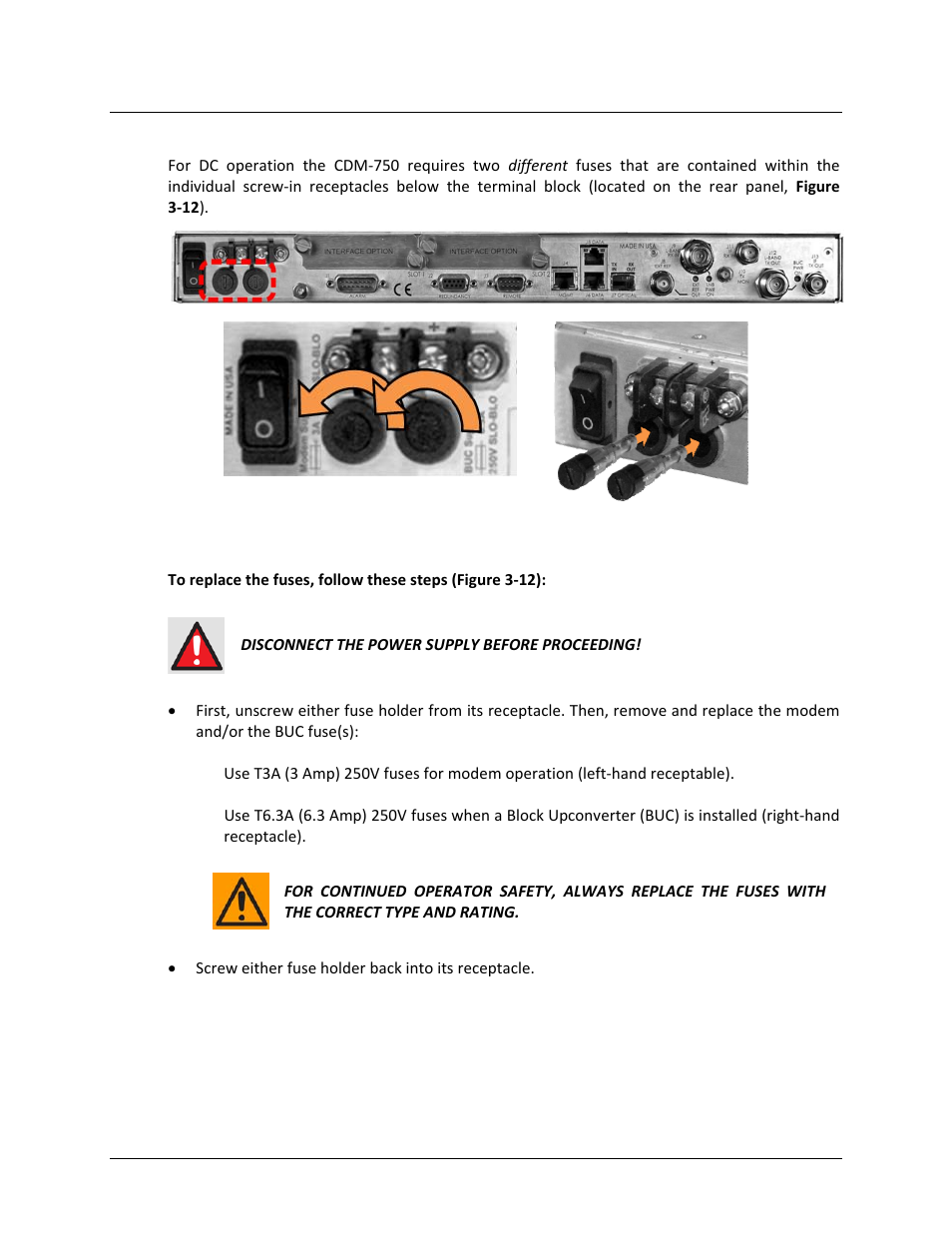 2 dc operation – replacing fuses | Comtech EF Data CDM-750 User Manual | Page 65 / 302