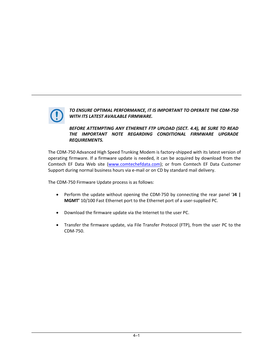 Chapter 4. updating firmware, 1 updating firmware via the internet | Comtech EF Data CDM-750 User Manual | Page 67 / 302