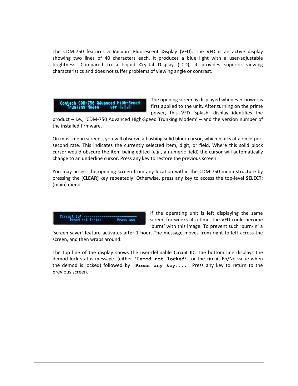 3 vacuum fluorescent display (vfd), 1 opening screen, 2 screen saver | Comtech EF Data CDM-750 User Manual | Page 82 / 302