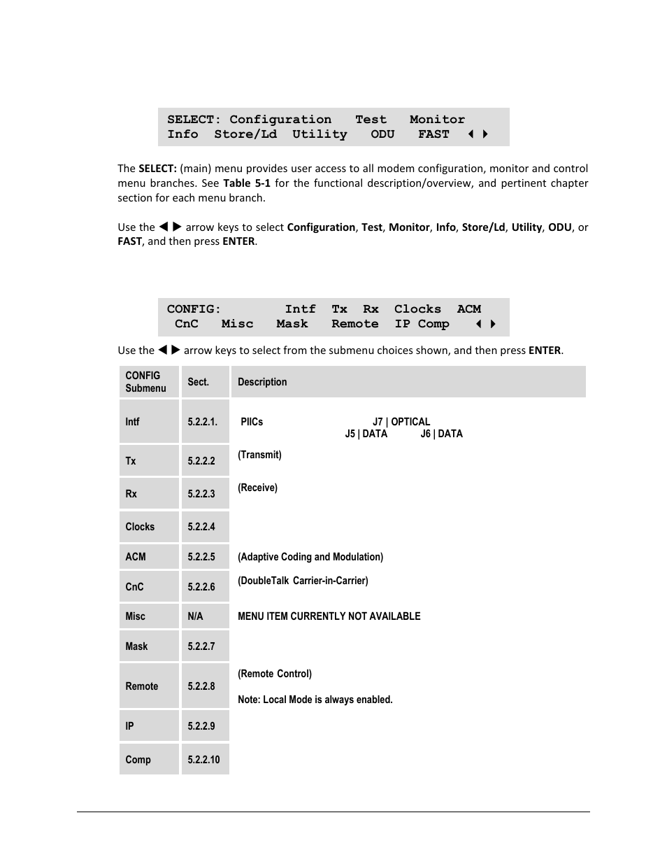 1 select: (main) menu, 2 select: configuration | Comtech EF Data CDM-750 User Manual | Page 84 / 302