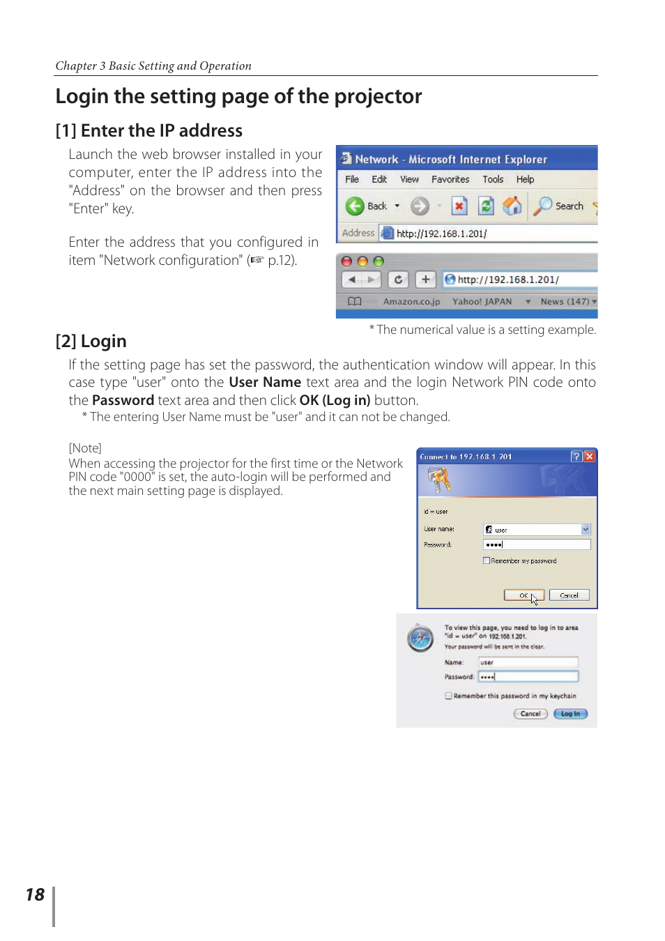 1] enter the ip address, 2] login, Login the setting page of the projector | Canon LV 7490 User Manual | Page 18 / 62