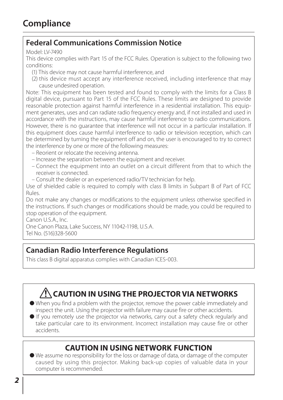 Compliance, Caution in using the projector via networks, Caution in using network function | Federal communications commission notice, Canadian radio interference regulations | Canon LV 7490 User Manual | Page 2 / 62