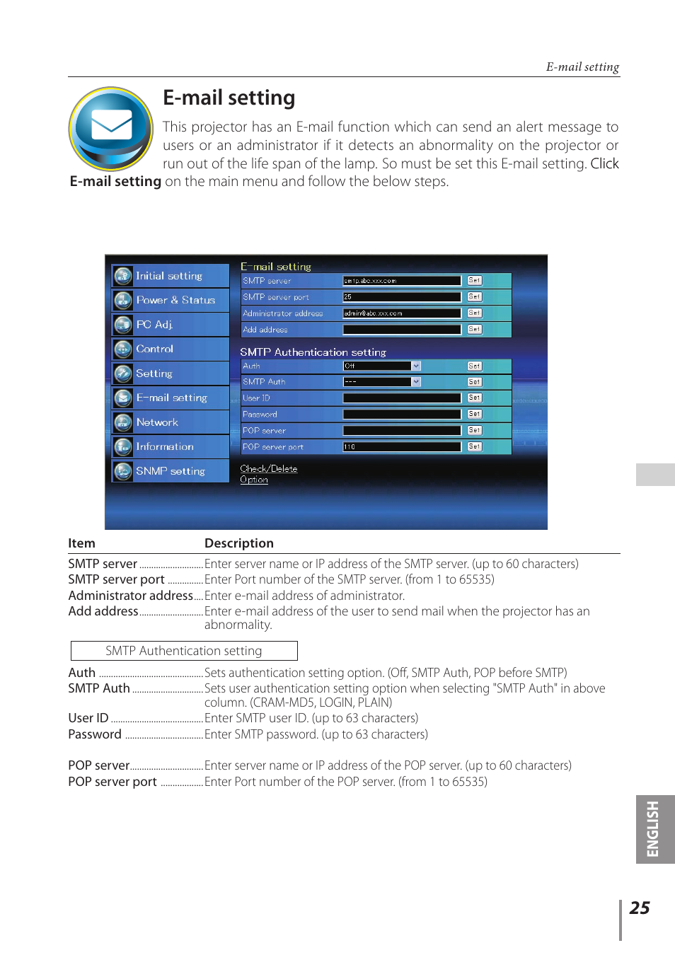 E-mail setting, English | Canon LV 7490 User Manual | Page 25 / 62