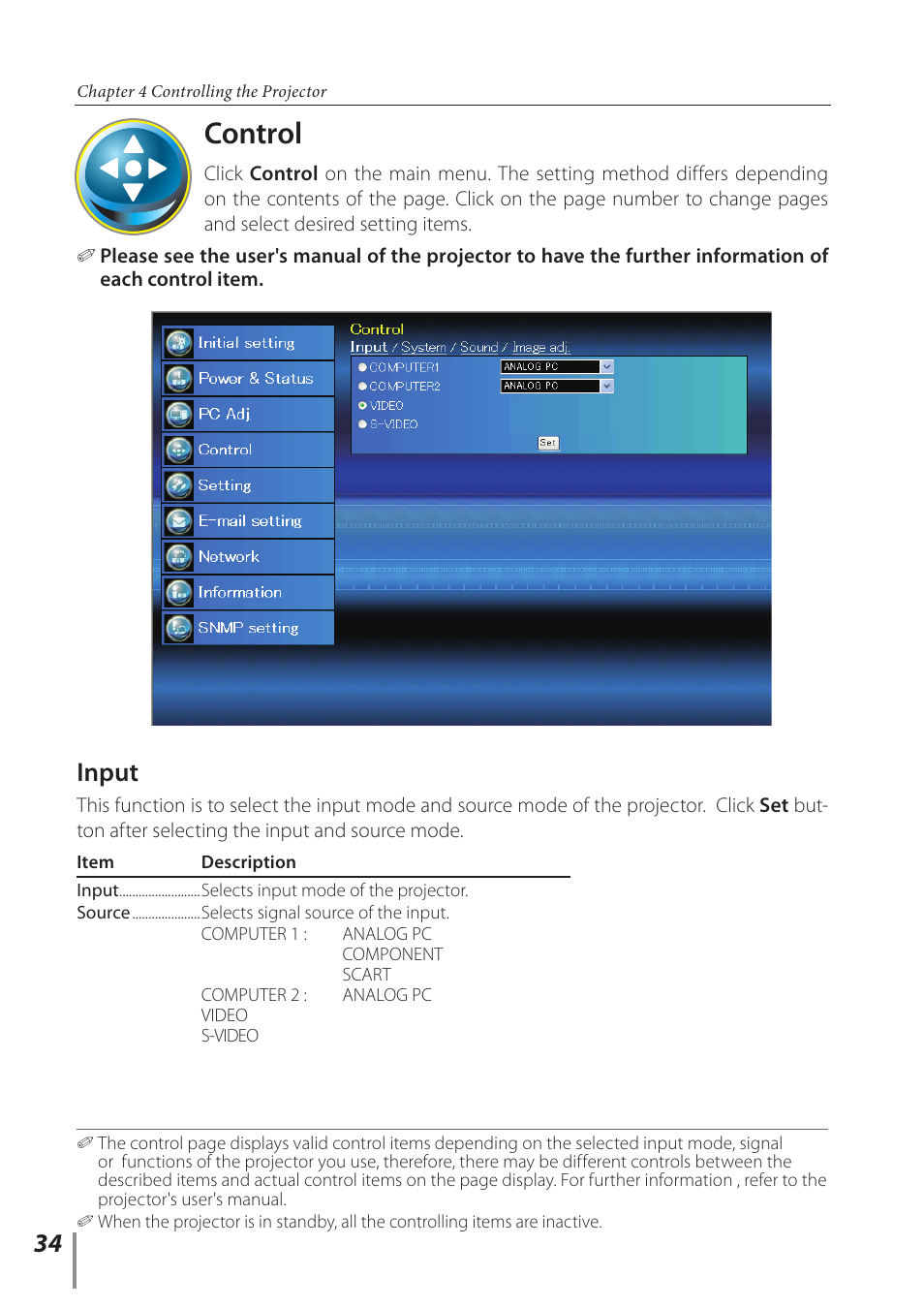 Control, Input | Canon LV 7490 User Manual | Page 34 / 62