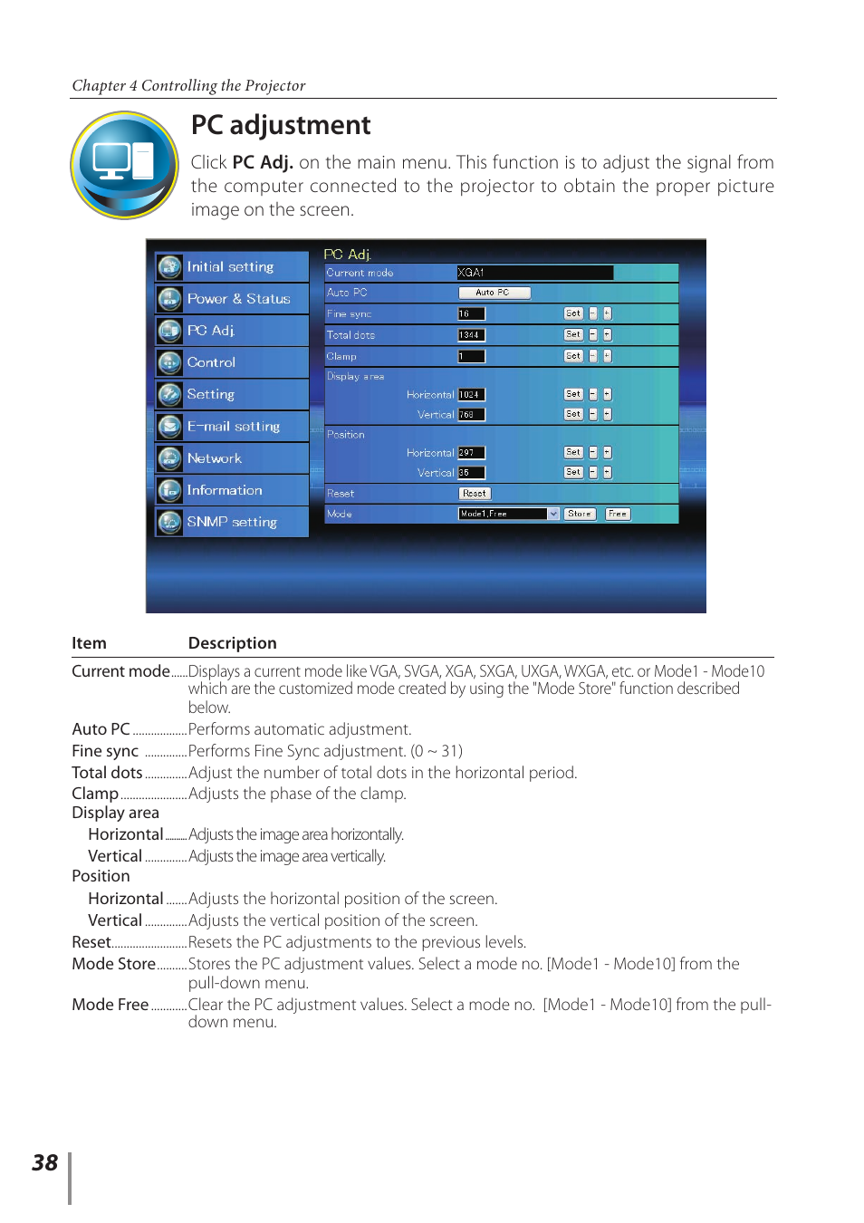 Pc adjustment | Canon LV 7490 User Manual | Page 38 / 62