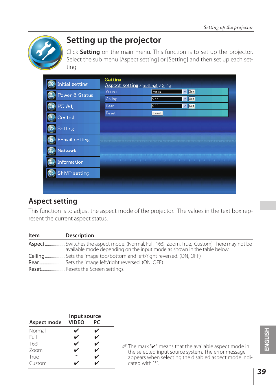 Setting up the projector, Aspect setting | Canon LV 7490 User Manual | Page 39 / 62