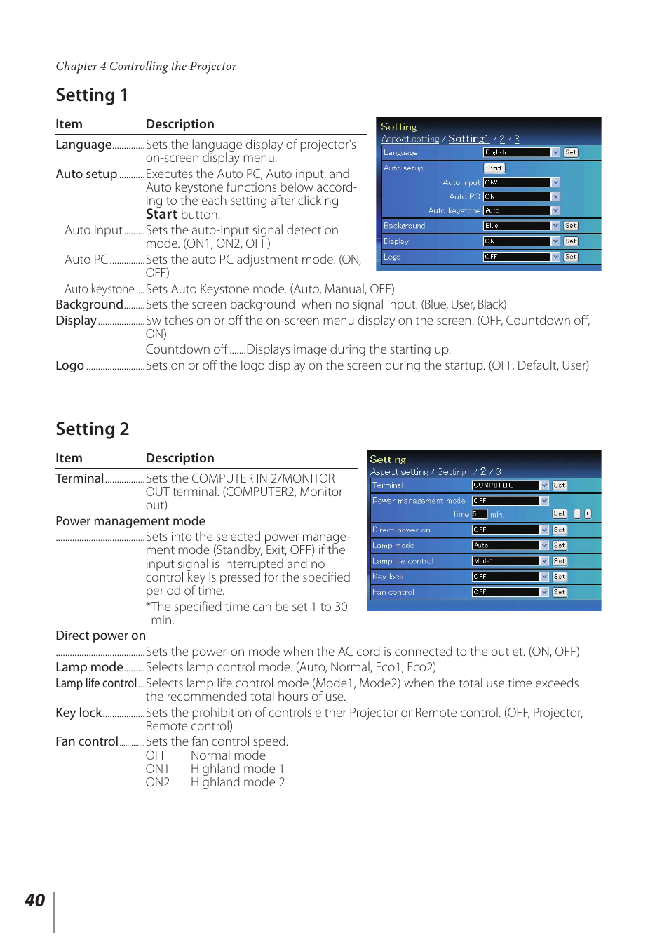 Setting 1, Setting 2 | Canon LV 7490 User Manual | Page 40 / 62