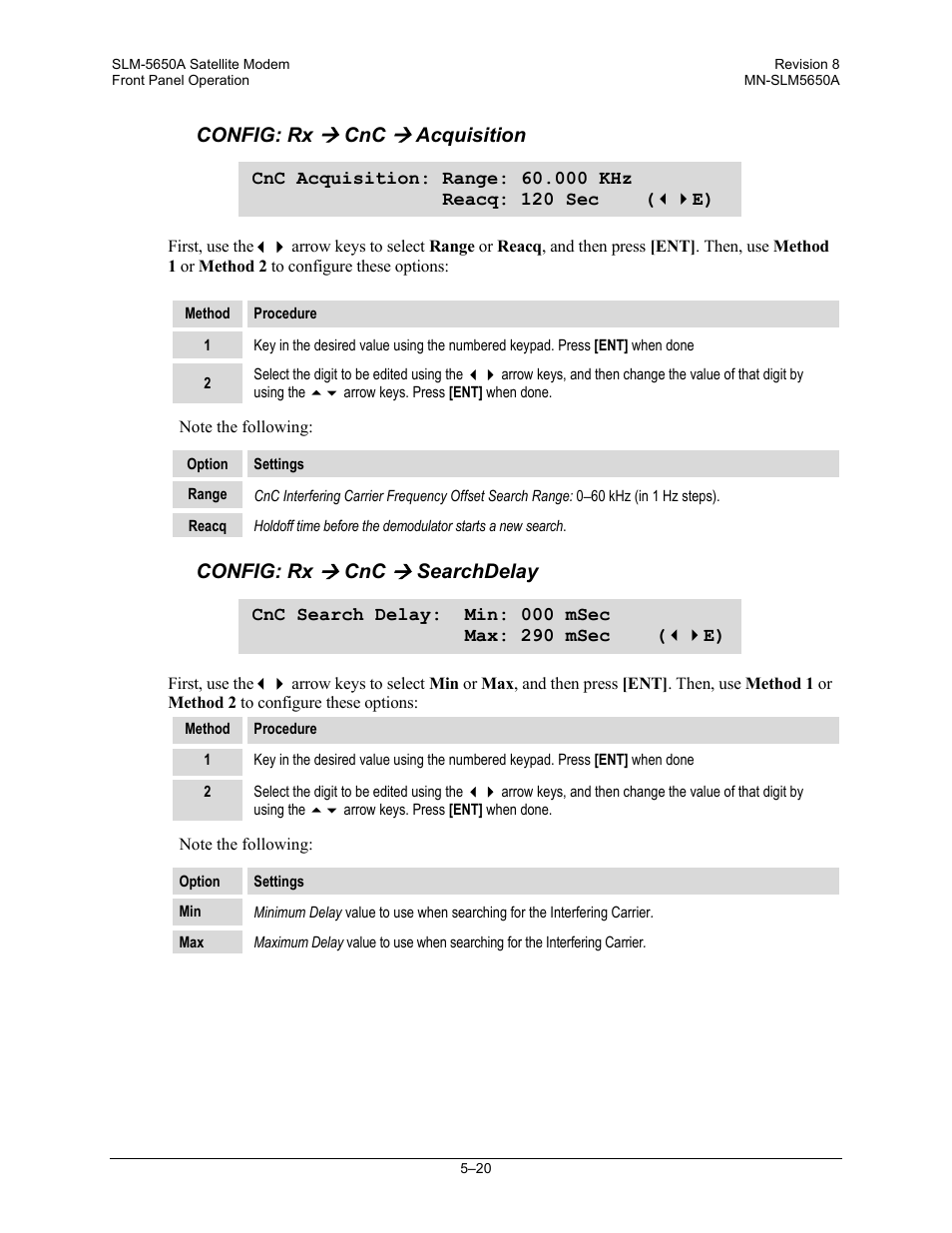 Config: rx, Acquisition, Searchdelay | Comtech EF Data SLM-5650A User Manual | Page 102 / 420