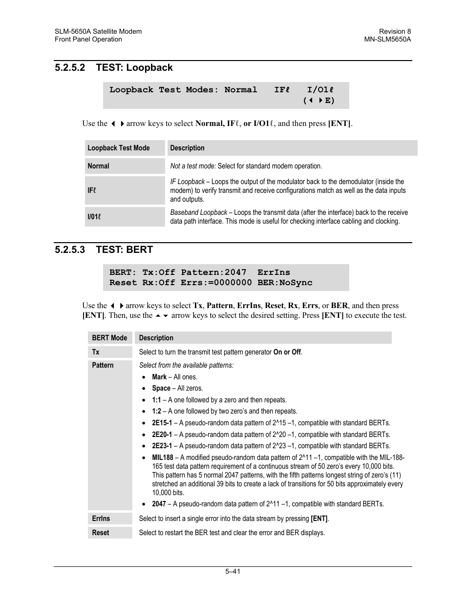 2 test: loopback, 3 test: bert | Comtech EF Data SLM-5650A User Manual | Page 123 / 420