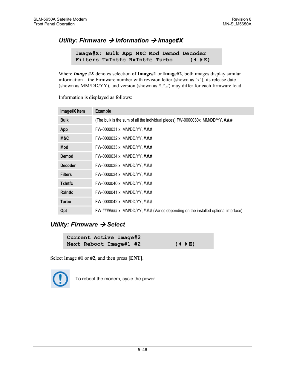 Utility: firmware, Information, Image#x | Select | Comtech EF Data SLM-5650A User Manual | Page 128 / 420