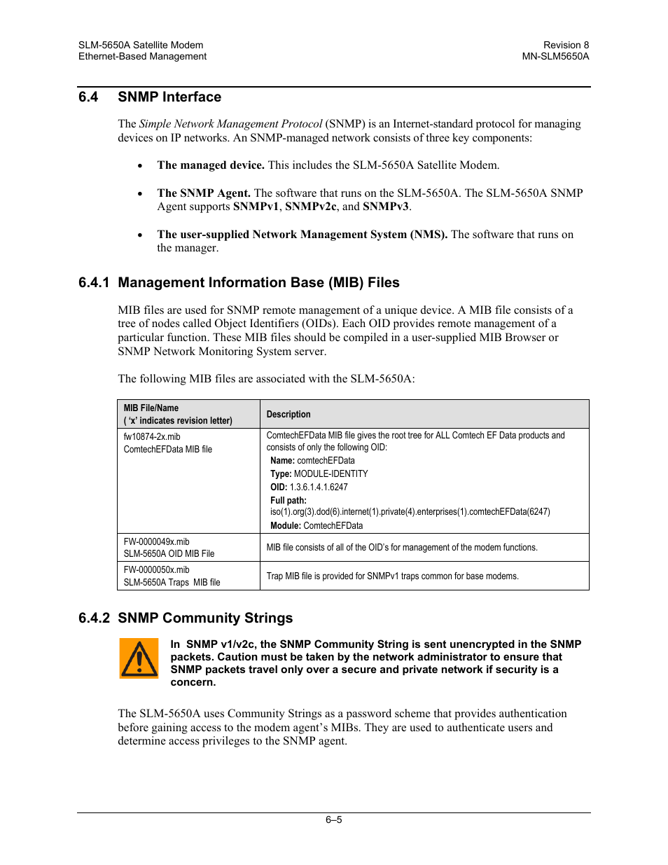 4 snmp interface, 1 management information base (mib) files, 2 snmp community strings | Comtech EF Data SLM-5650A User Manual | Page 135 / 420