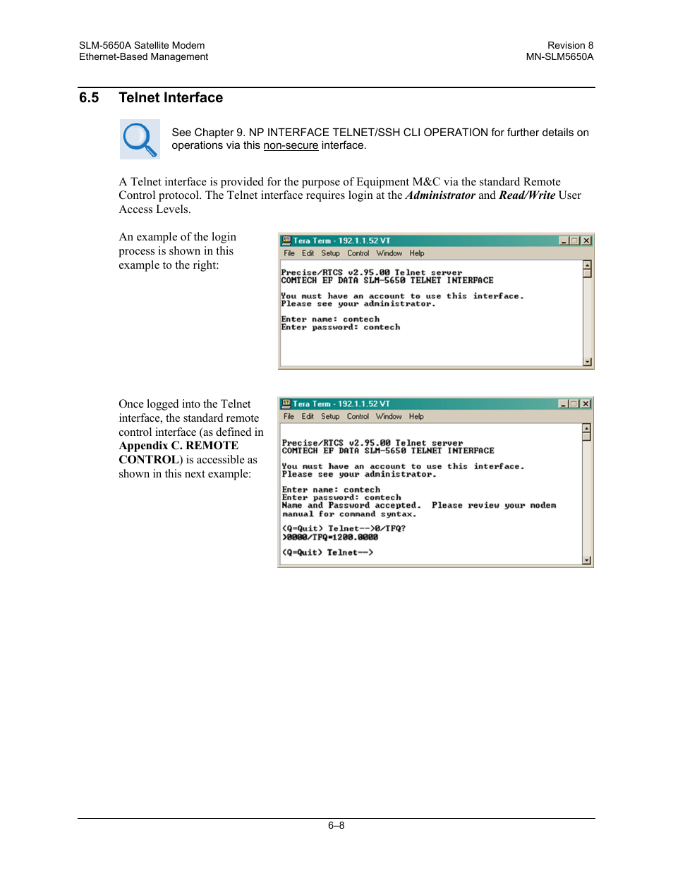 5 telnet interface | Comtech EF Data SLM-5650A User Manual | Page 138 / 420