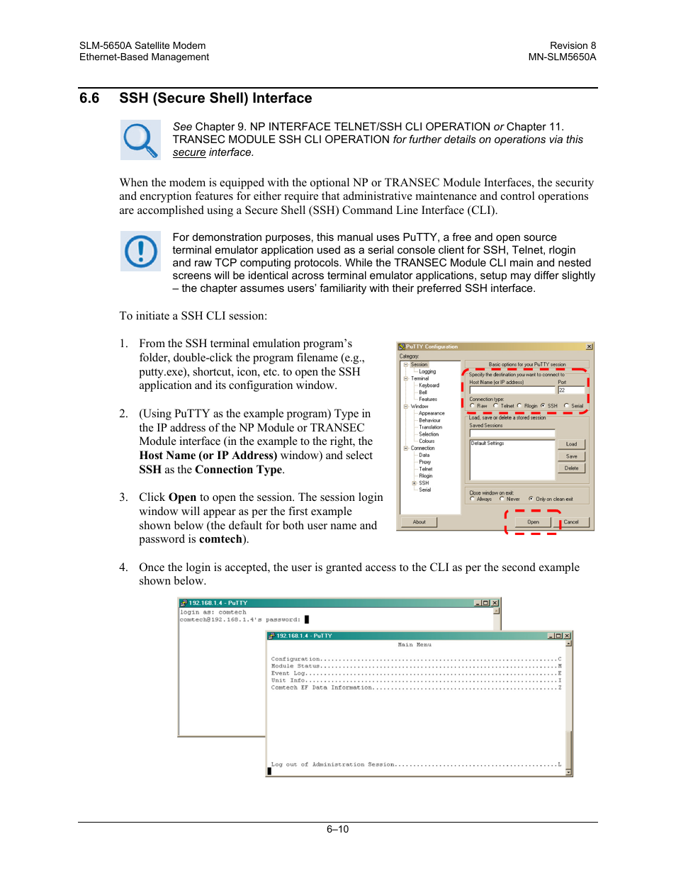 6 ssh (secure shell) interface | Comtech EF Data SLM-5650A User Manual | Page 140 / 420