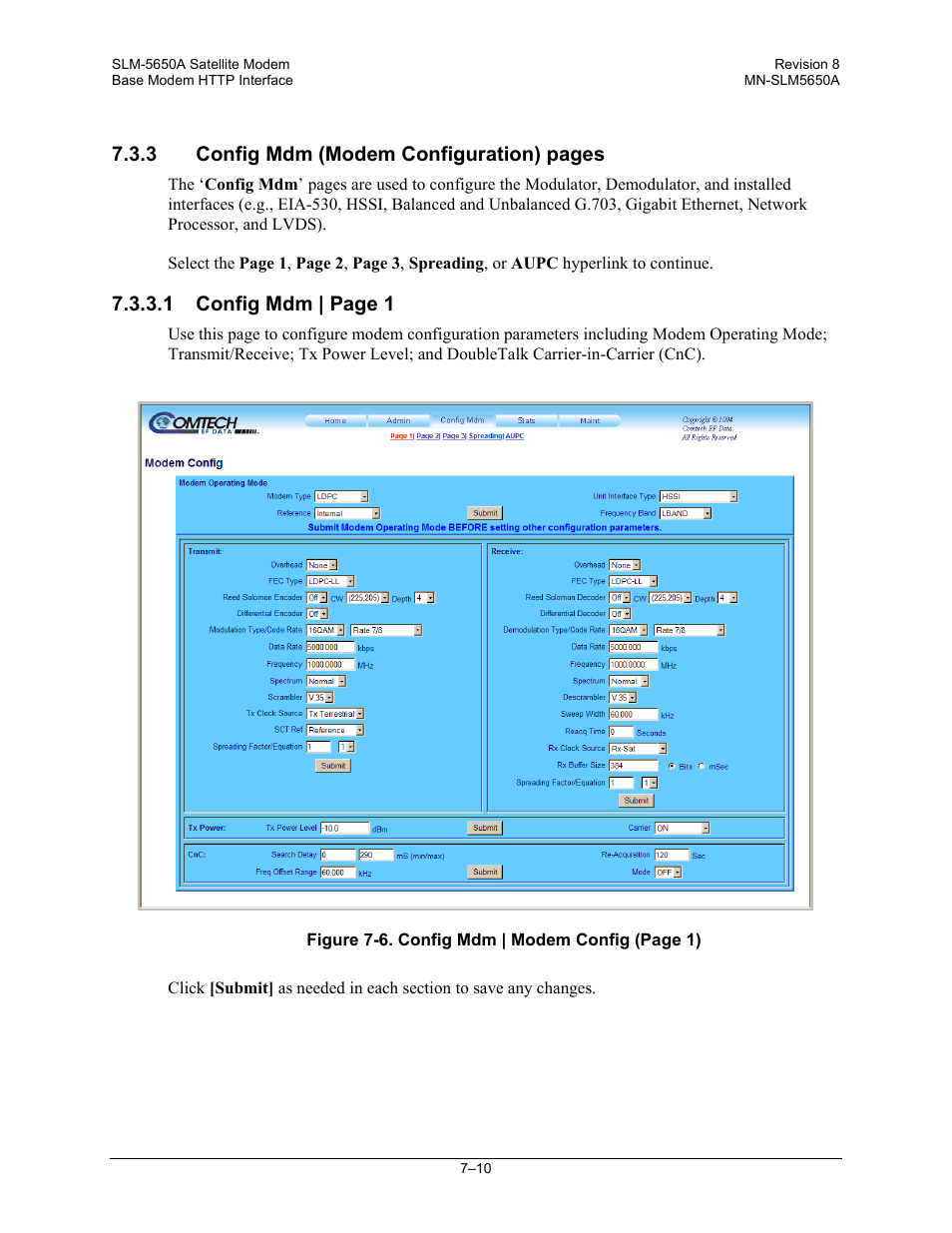 3 config mdm (modem configuration) pages, 1 config mdm | page 1 | Comtech EF Data SLM-5650A User Manual | Page 150 / 420