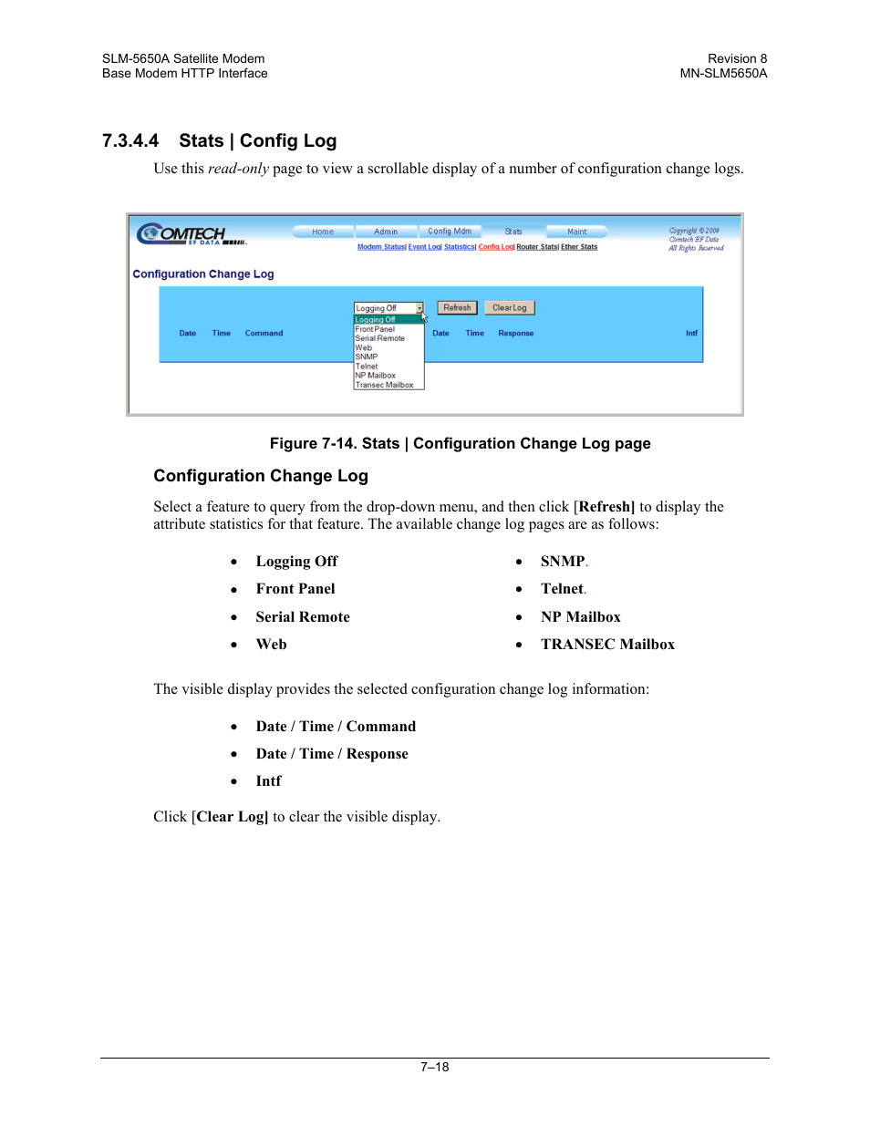 4 stats | config log | Comtech EF Data SLM-5650A User Manual | Page 158 / 420