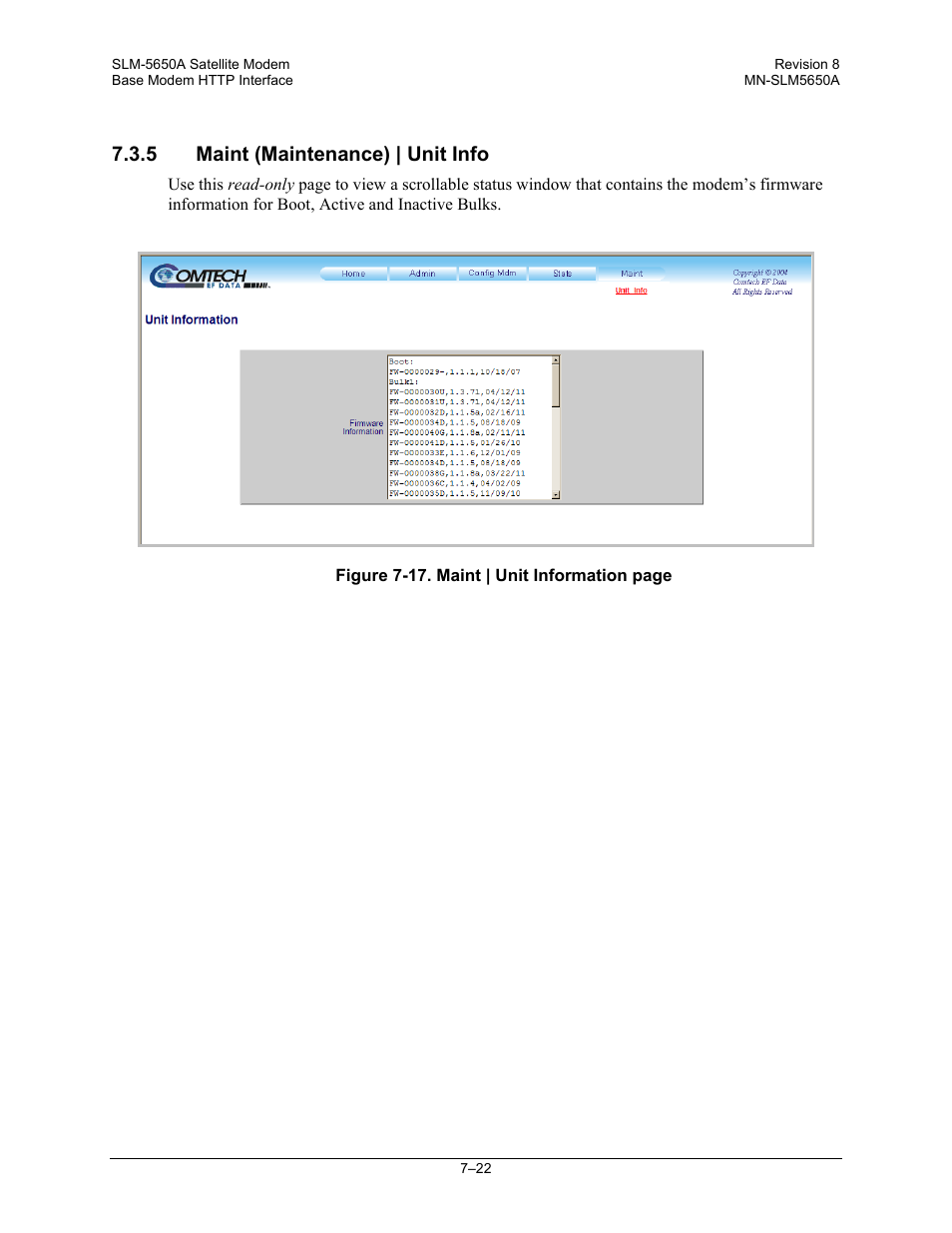 5 maint (maintenance) | unit info | Comtech EF Data SLM-5650A User Manual | Page 162 / 420