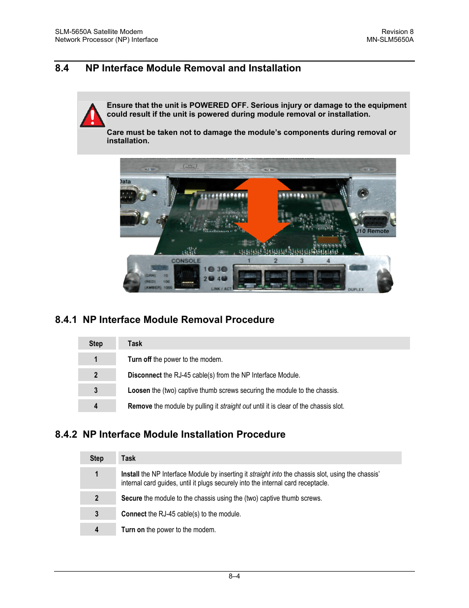 4 np interface module removal and installation, 1 np interface module removal procedure, 2 np interface module installation procedure | Comtech EF Data SLM-5650A User Manual | Page 166 / 420