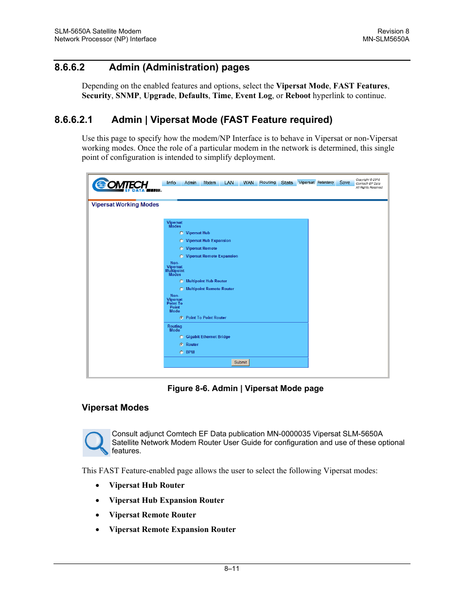 2 admin (administration) pages, 1 admin | vipersat mode (fast feature required) | Comtech EF Data SLM-5650A User Manual | Page 173 / 420