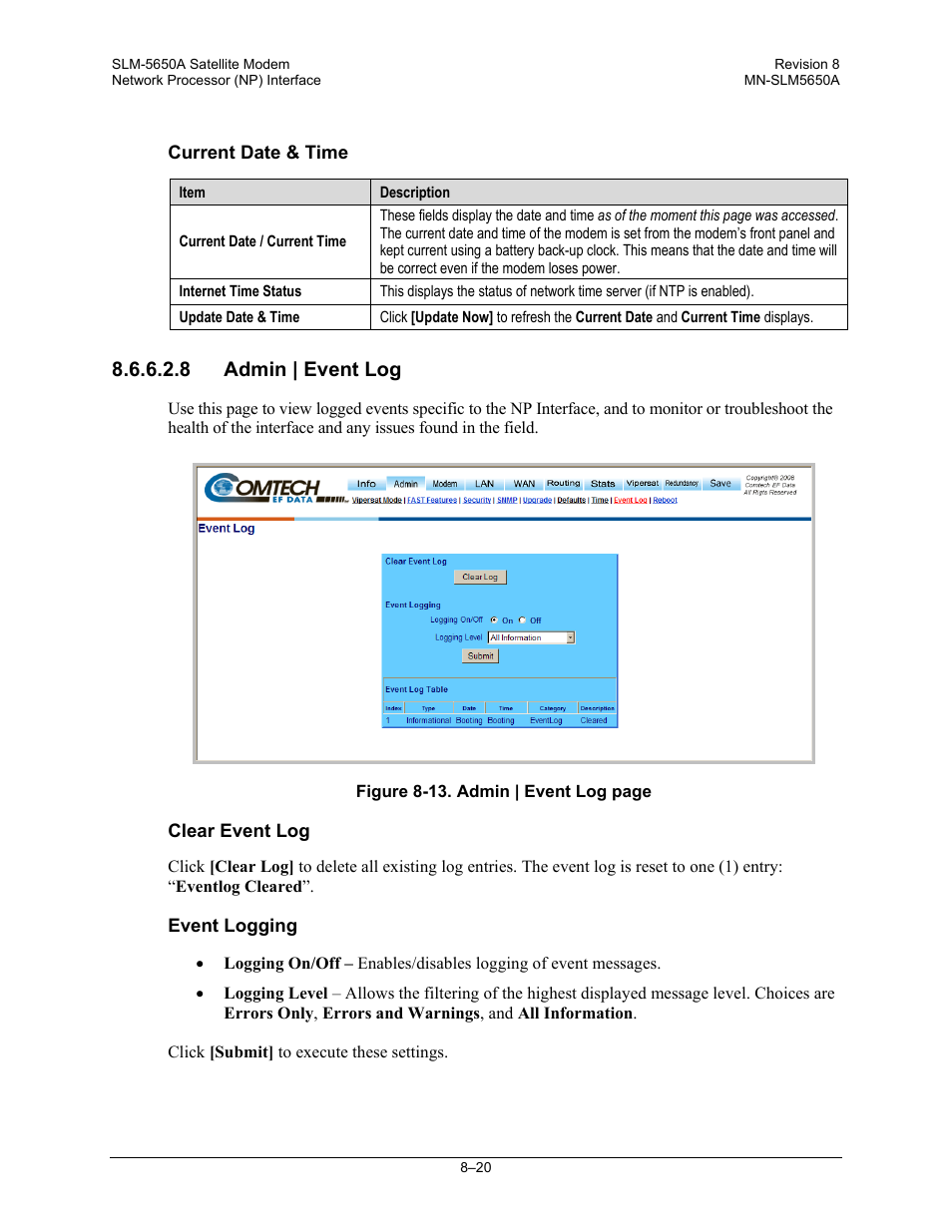 8 admin | event log | Comtech EF Data SLM-5650A User Manual | Page 182 / 420
