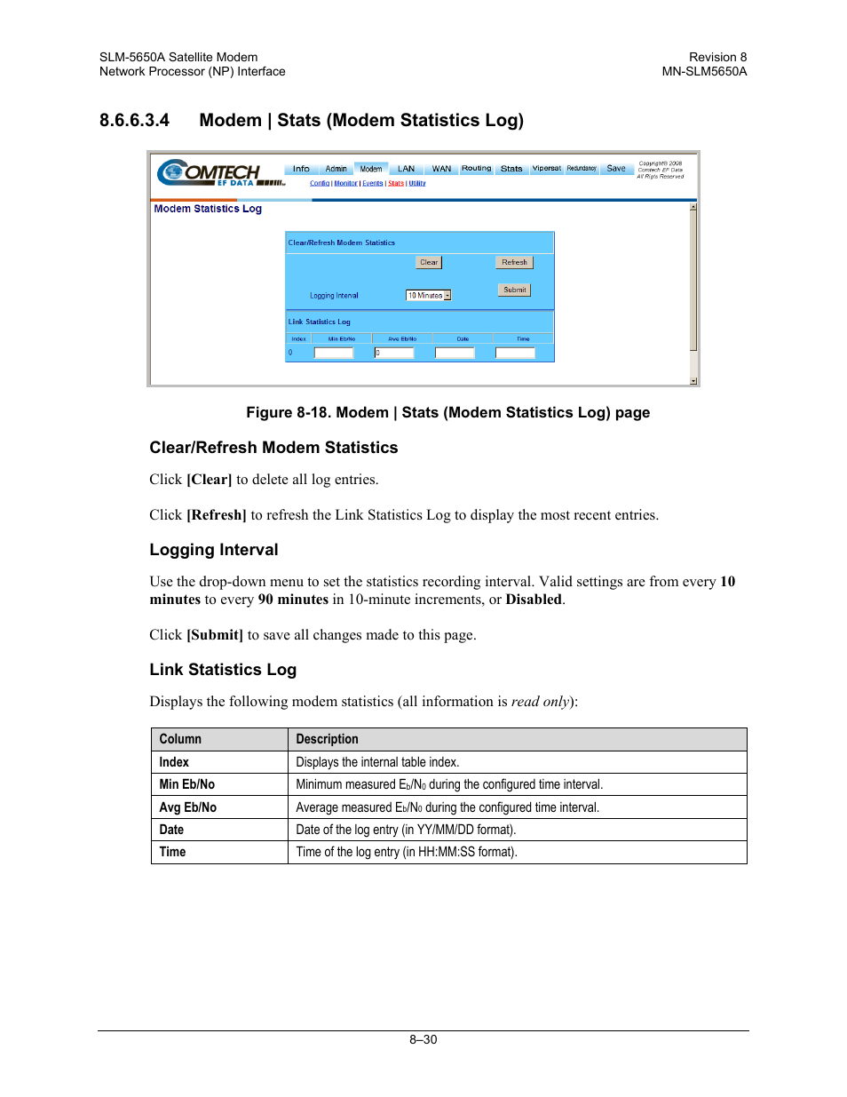 4 modem | stats (modem statistics log) | Comtech EF Data SLM-5650A User Manual | Page 192 / 420