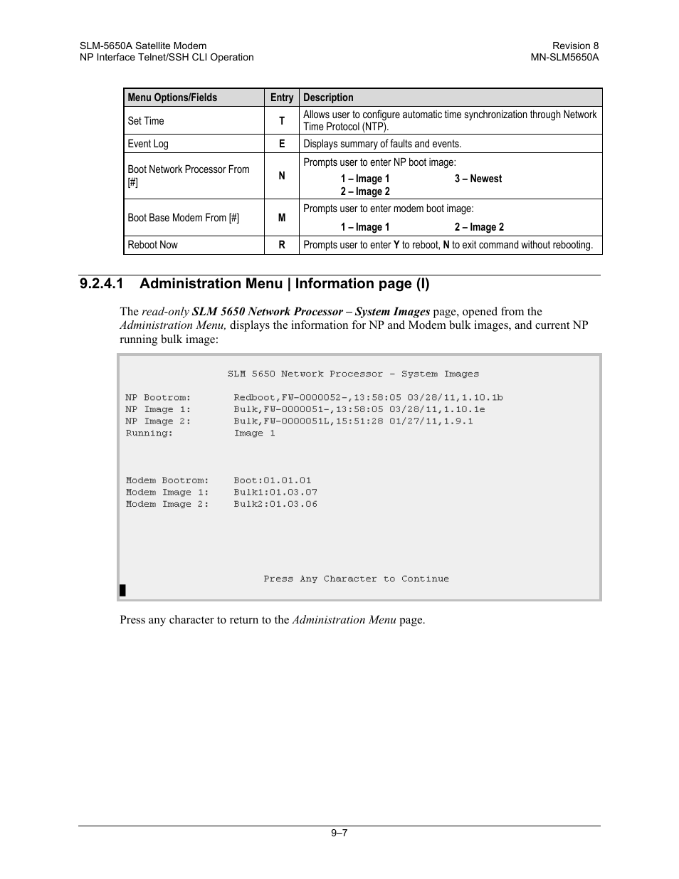 1 administration menu | information page (i) | Comtech EF Data SLM-5650A User Manual | Page 225 / 420