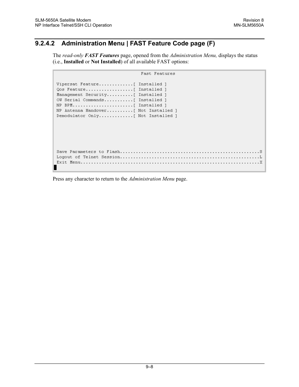 2 administration menu | fast feature code page (f) | Comtech EF Data SLM-5650A User Manual | Page 226 / 420