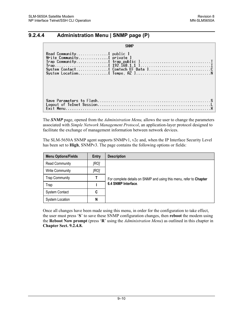 4 administration menu | snmp page (p) | Comtech EF Data SLM-5650A User Manual | Page 228 / 420