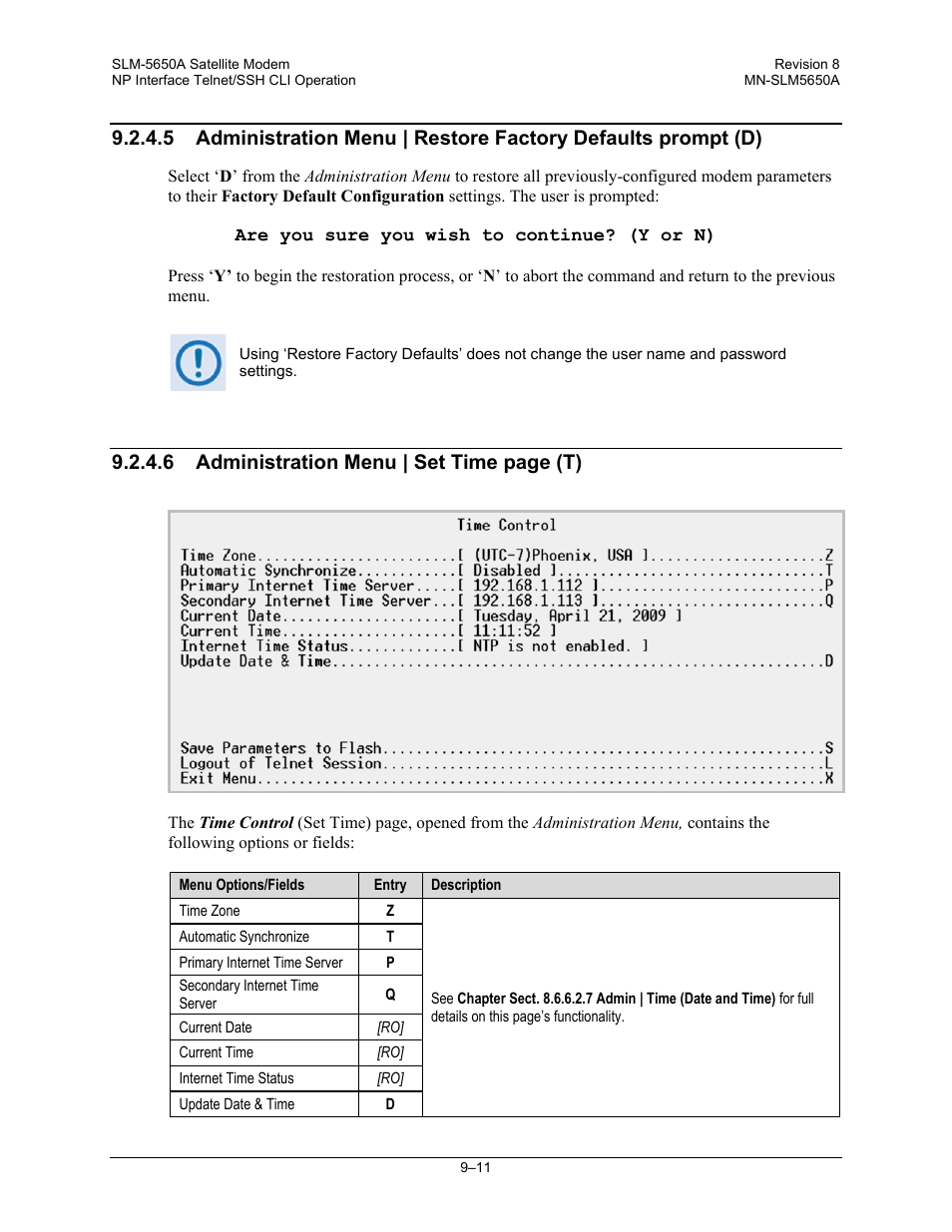 6 administration menu | set time page (t) | Comtech EF Data SLM-5650A User Manual | Page 229 / 420