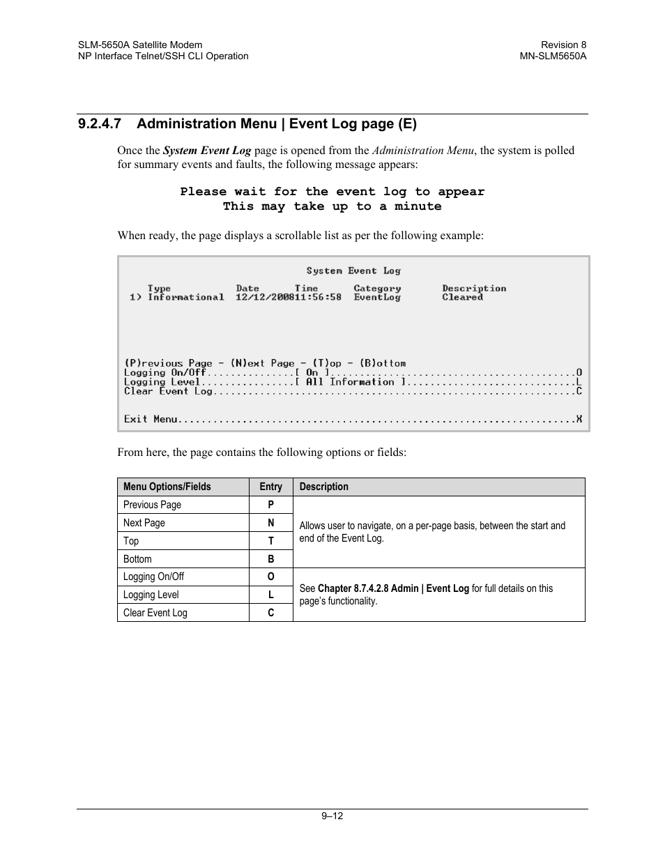 7 administration menu | event log page (e) | Comtech EF Data SLM-5650A User Manual | Page 230 / 420