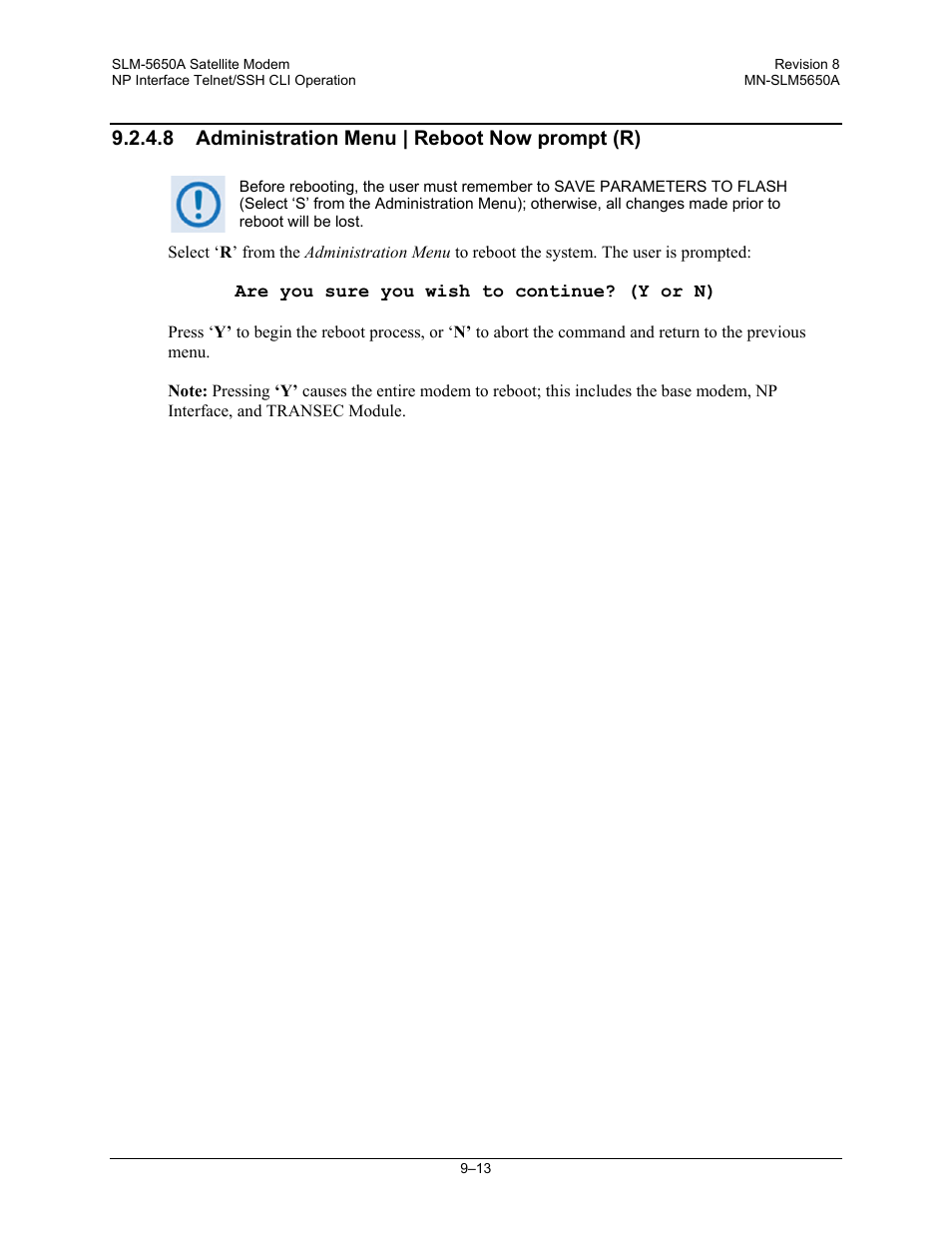 8 administration menu | reboot now prompt (r) | Comtech EF Data SLM-5650A User Manual | Page 231 / 420