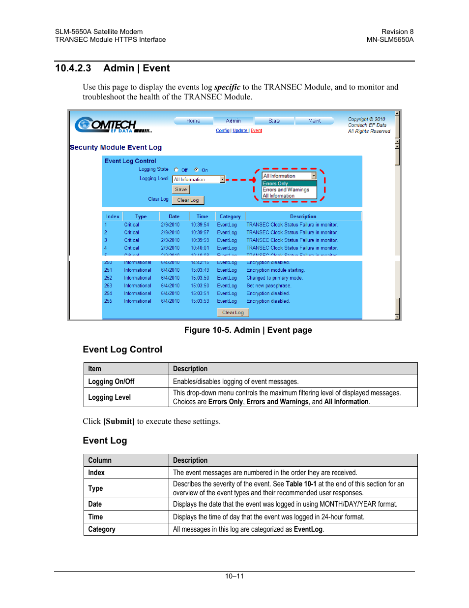 3 admin | event | Comtech EF Data SLM-5650A User Manual | Page 261 / 420