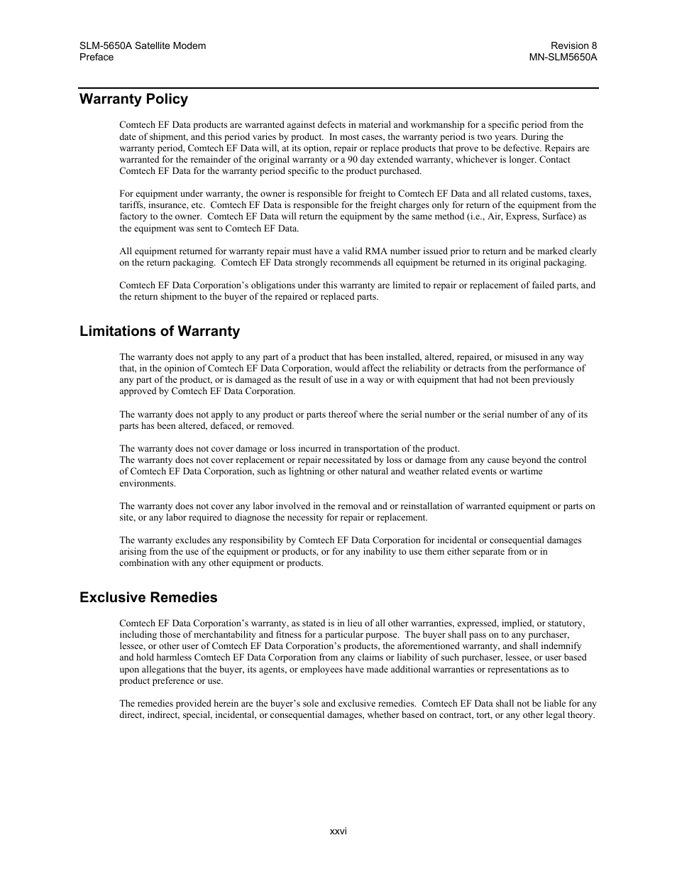 Warranty policy, Limitations of warranty, Exclusive remedies | Comtech EF Data SLM-5650A User Manual | Page 28 / 420