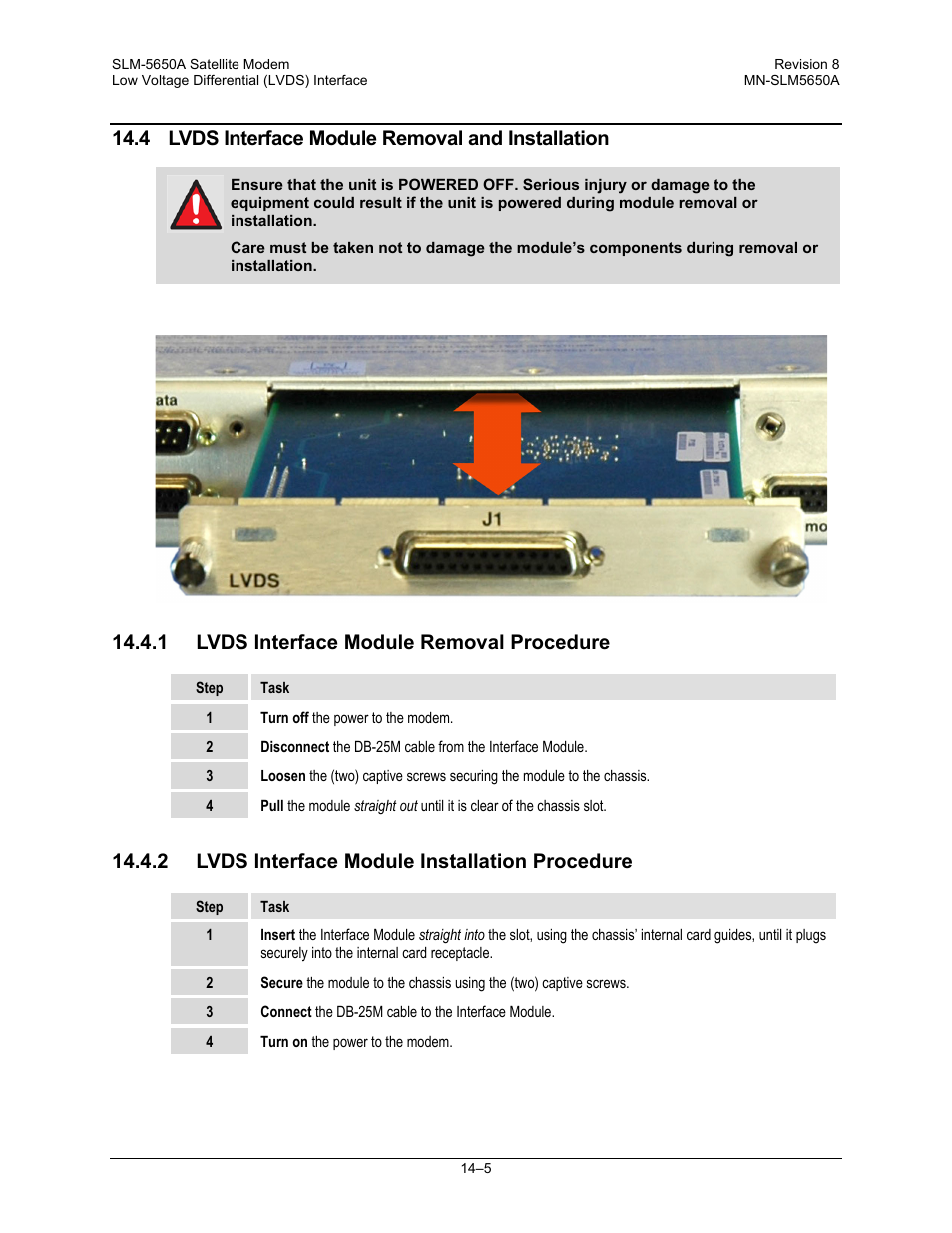 4 lvds interface module removal and installation, 1 lvds interface module removal procedure, 2 lvds interface module installation procedure | Comtech EF Data SLM-5650A User Manual | Page 297 / 420